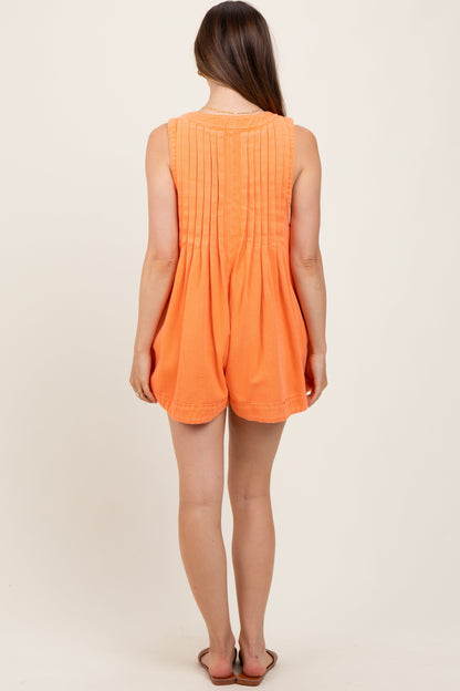 Orange Deep V-Neck Pleated Front Tie Sleeveless Maternity Romper