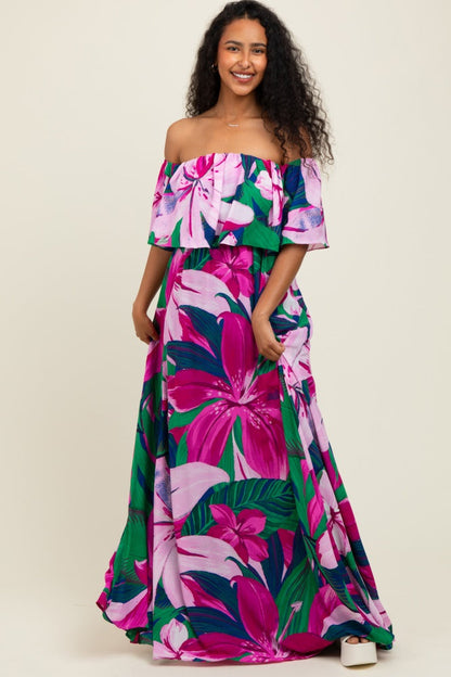 Purple Tropical Floral Off Shoulder Flounce Maternity Maxi Dress