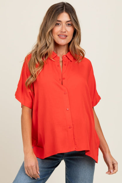 Red Dolman Sleeve Button Down Maternity Blouse
