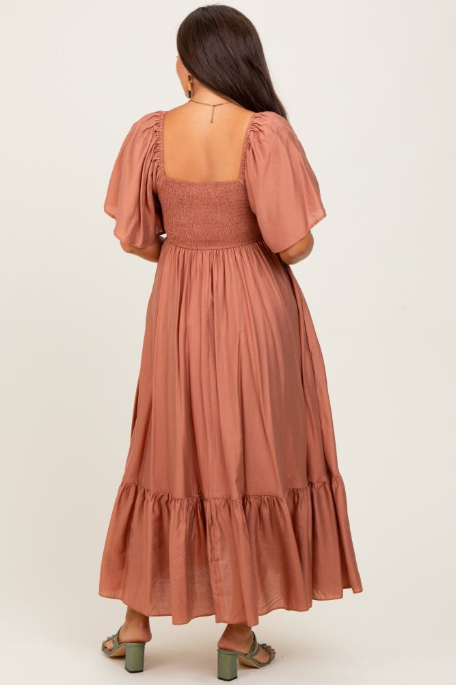 Rust Flutter Sleeve Ruffle Hem Maternity Midi Dress