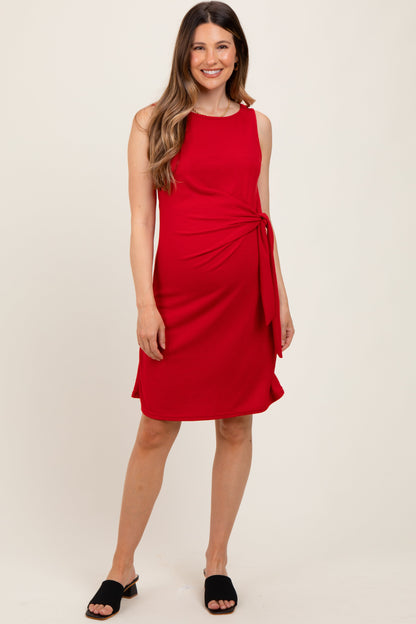 Red Boat Neck Sleeveless Side Tie Maternity Mini Dress