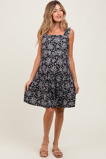 Black Floral Square Neck Ruffle Strap Tiered Maternity Dress