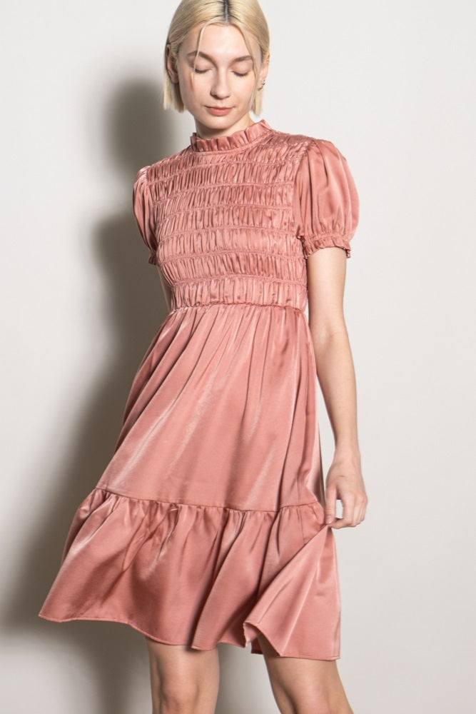 Mauve Satin Smocked Mock Neck Maternity Dress