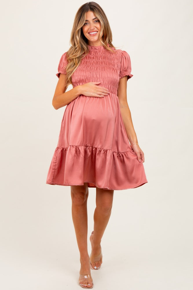 Mauve Satin Smocked Mock Neck Maternity Dress