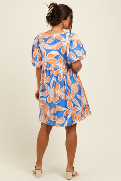 Royal Blue Floral Front Tie Puff Sleeve Maternity Dress