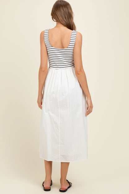 White Striped Contrast Sleeveless Maternity Midi Dress
