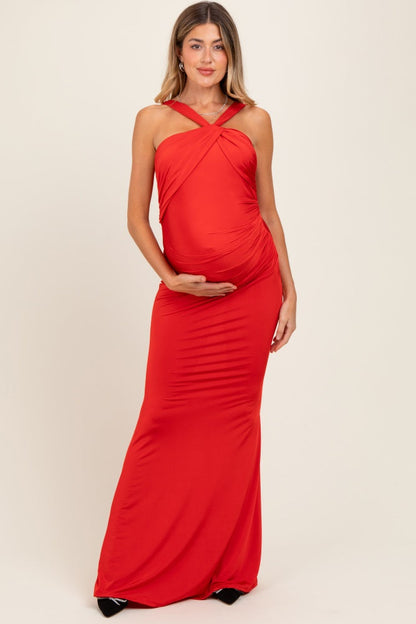 Red Twist Front Ruched Maternity Maxi Dress