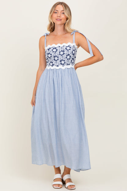 Blue Striped Floral Lace Sleeveless Maternity Midi Dress