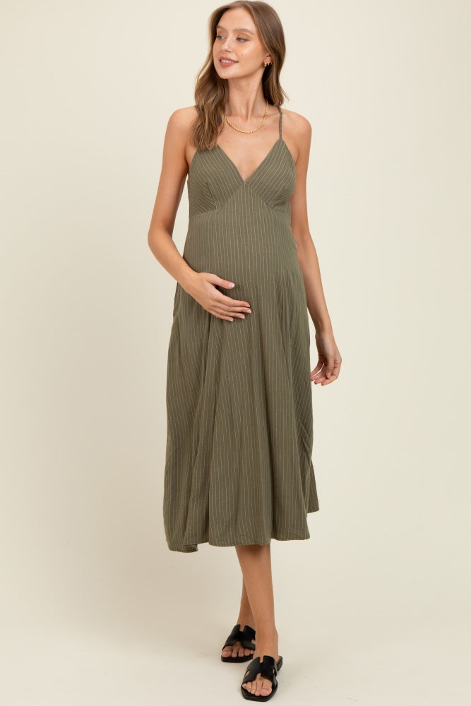 Olive/White Linen Striped Maternity Midi Dress