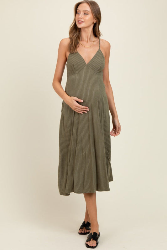 Olive/White Linen Striped Maternity Midi Dress