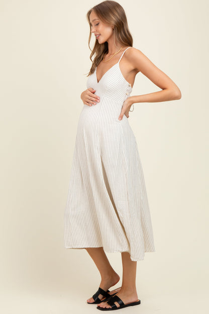 Ivory/Black Linen Striped Maternity Midi Dress