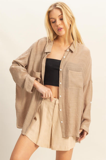 Taupe Roll Up Sleeve Button-Up Oversized Maternity Shirt