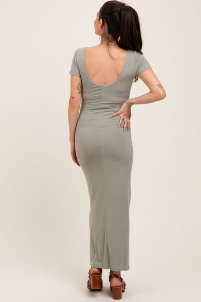 Sage Double Layered Ribbed Scoop Neck Maternity Maxi Dress