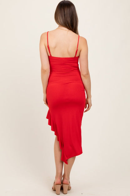 Red Ruched Ruffle Detail Sleeveless Maternity Midi Dress