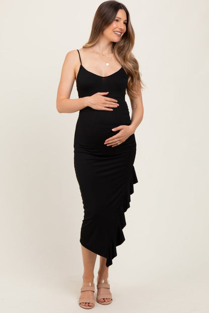 Black Ruched Ruffle Detail Sleeveless Maternity Midi Dress