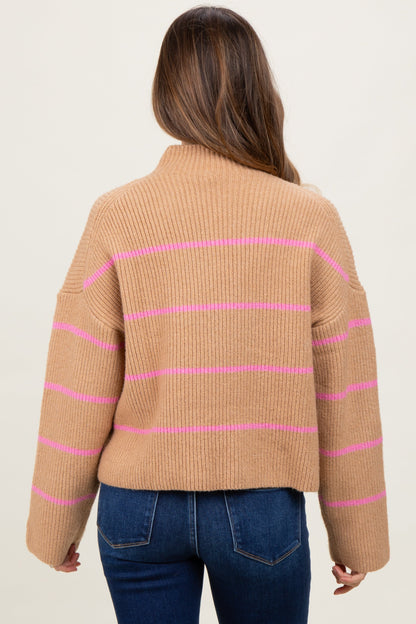 Taupe High Neck Ribbed Knit Maternity Sweater