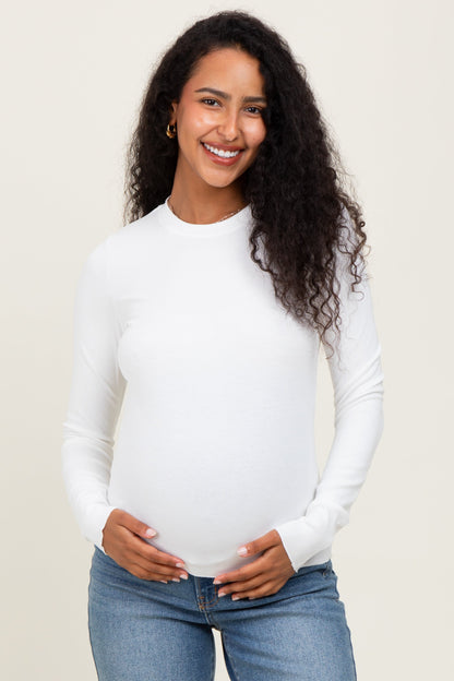 White Basic Ribbed Knit Long Sleeve Maternity Top