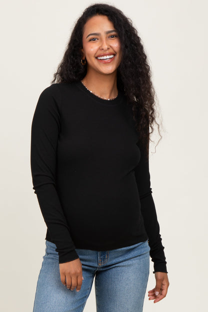 Black Basic Ribbed Knit Long Sleeve Maternity Top
