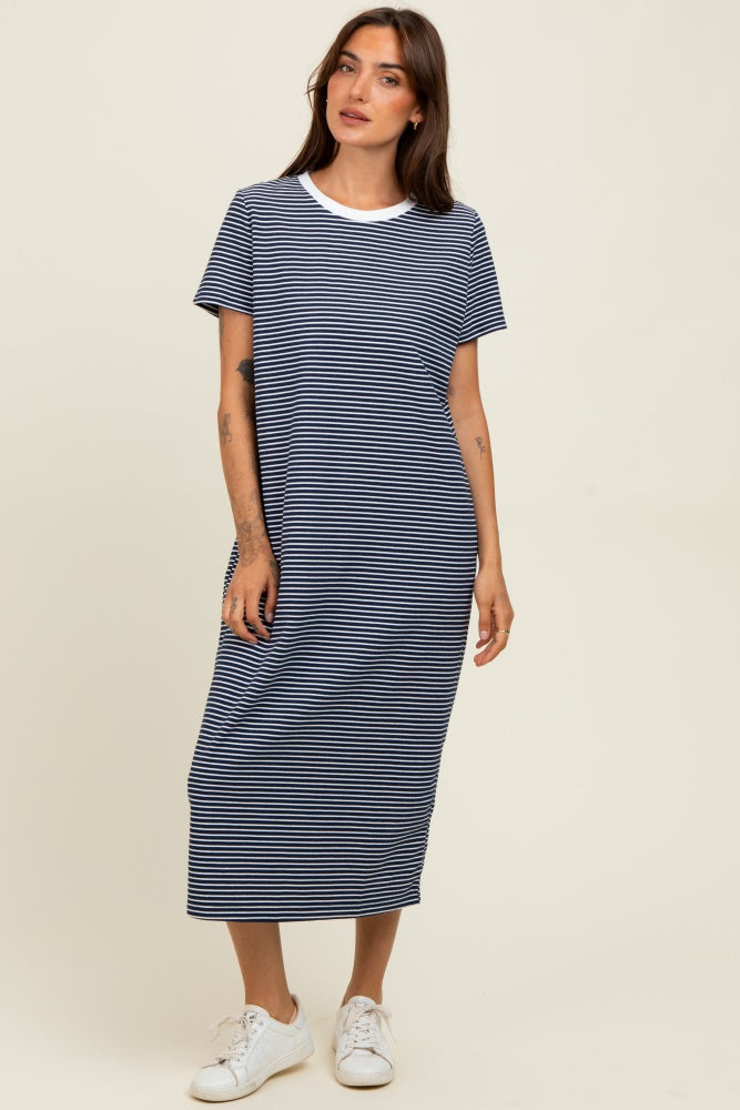 Navy Striped Short Sleeve Maternity Midi T-Shirt Dress