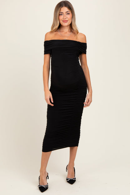 Black Off Shoulder Ruched Maternity Midi Dress