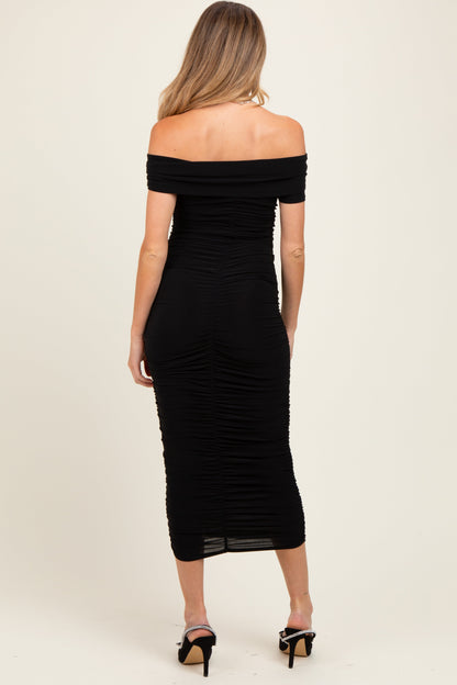 Black Off Shoulder Ruched Maternity Midi Dress
