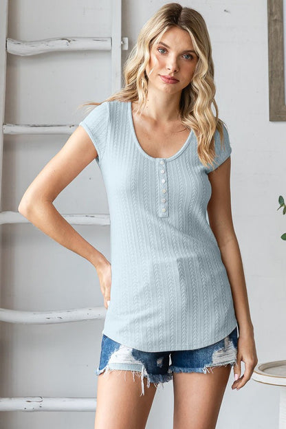 Sky Blue Jacquard Button Front Maternity Short Sleeve Top