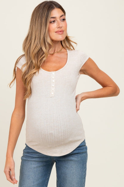 Beige Jacquard Button Front Maternity Short Sleeve Top
