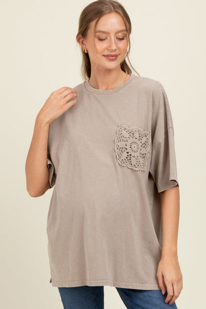 Taupe Mineral Wash Crochet Pocket Maternity Top