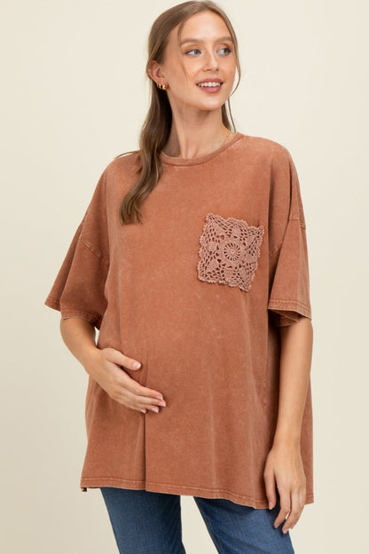 Brown Mineral Wash Crochet Pocket Maternity Top