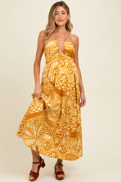Yellow Printed Cutout Halter Maternity Maxi Dress