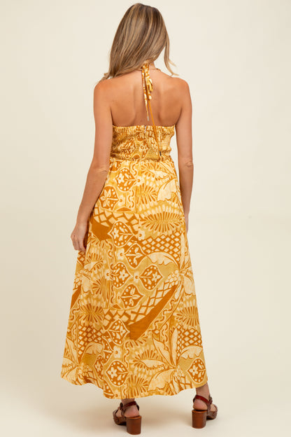 Yellow Printed Cutout Halter Maternity Maxi Dress