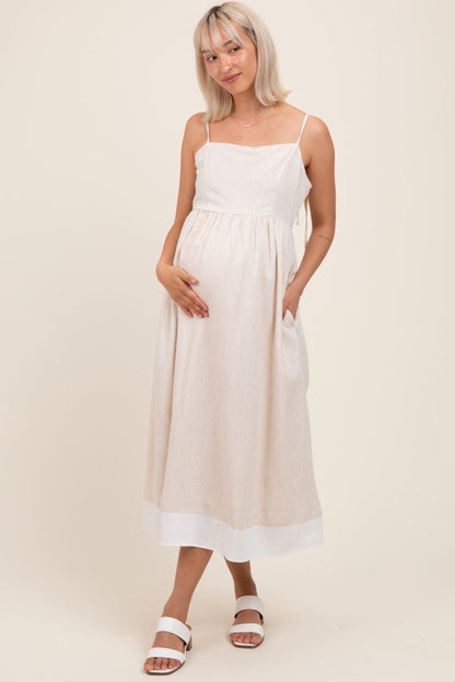 Beige Color Block Back Tie Maternity Midi Dress