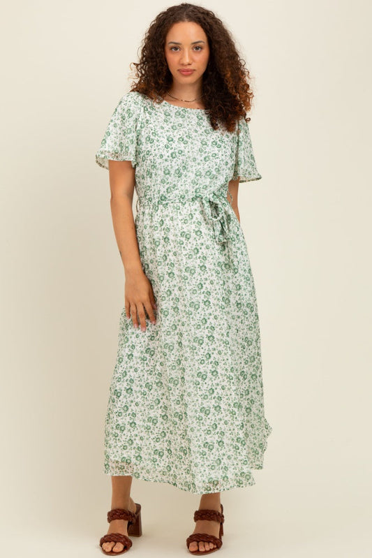 Light Olive Floral Waist Tie Maternity Midi Maxi Dress