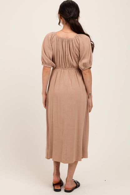 Tan Linen Short Puff Sleeve Maternity Midi Dress