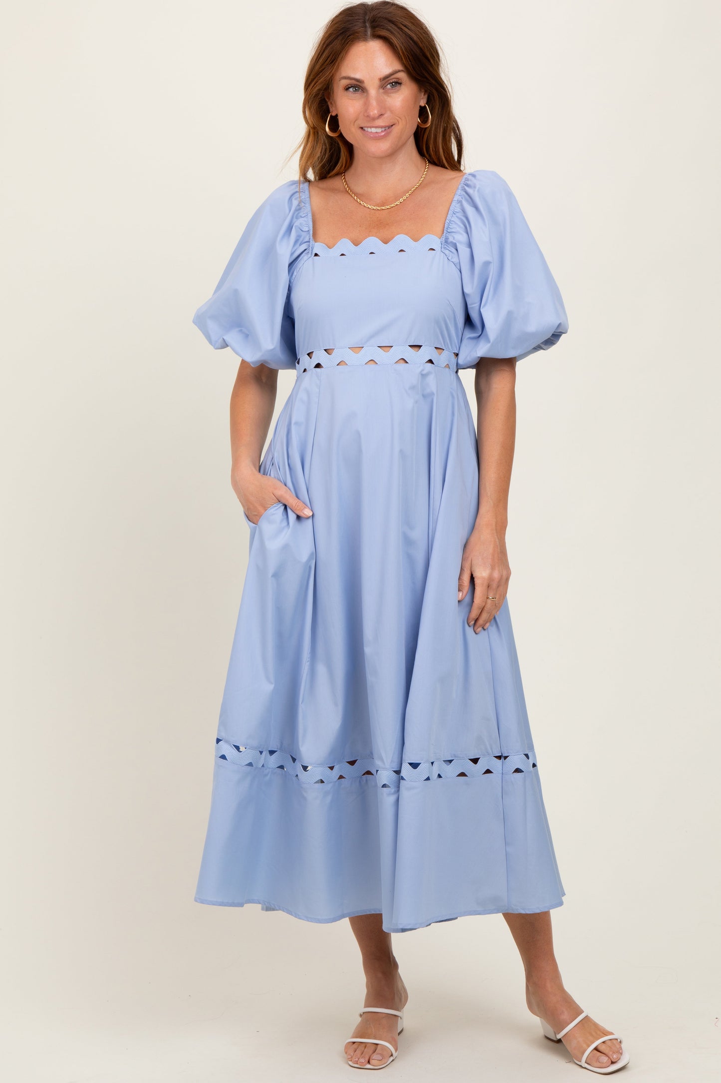 Blue Wavy Trim Puff Sleeve Maternity Midi Dress