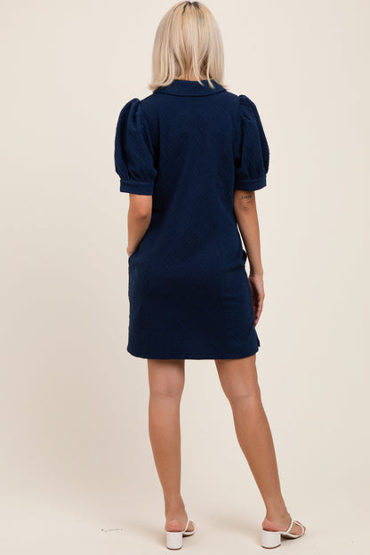 Navy Jacquard 1/4 Zip Maternity Mini Shirt Dress