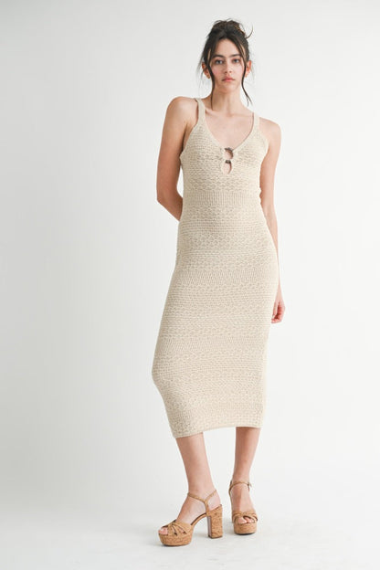 Beige Crochet Knit Cut Out O-Ring Maternity Midi Dress
