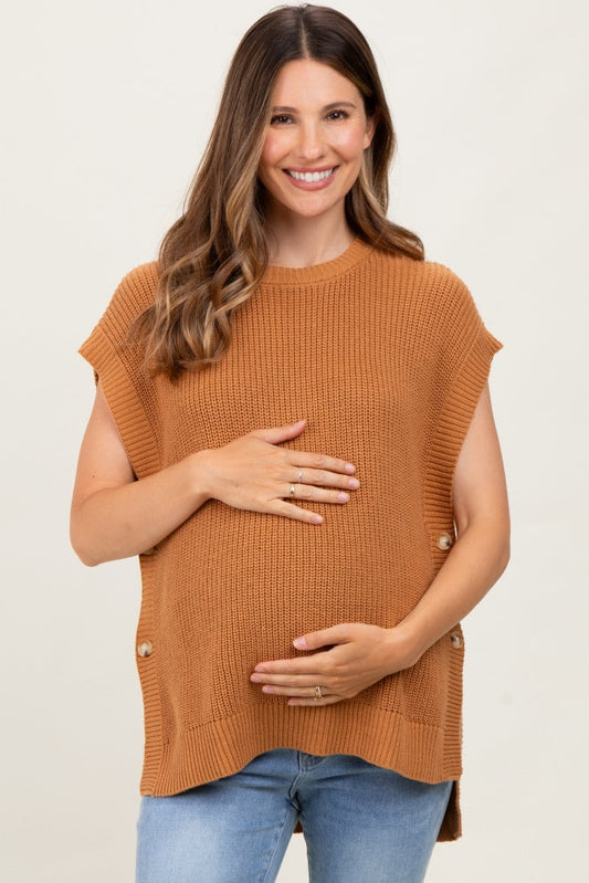Camel Oversized Side Button Maternity Sweater Vest