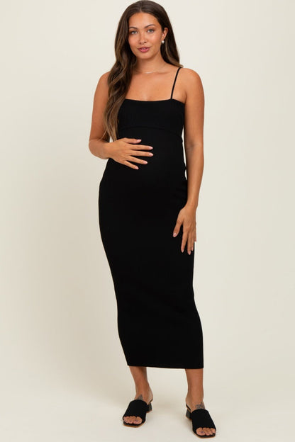 Black Rib Knit Off Shoulder Fitted Maternity Midi Dress