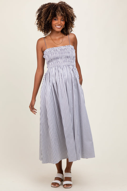 Black Striped Smocked Maternity Midi Dress