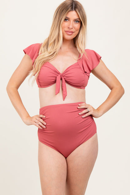 Pink Ribbed Ruffle Shoulder Front Tie High Waist Two-Piece Maternity Swimsuit