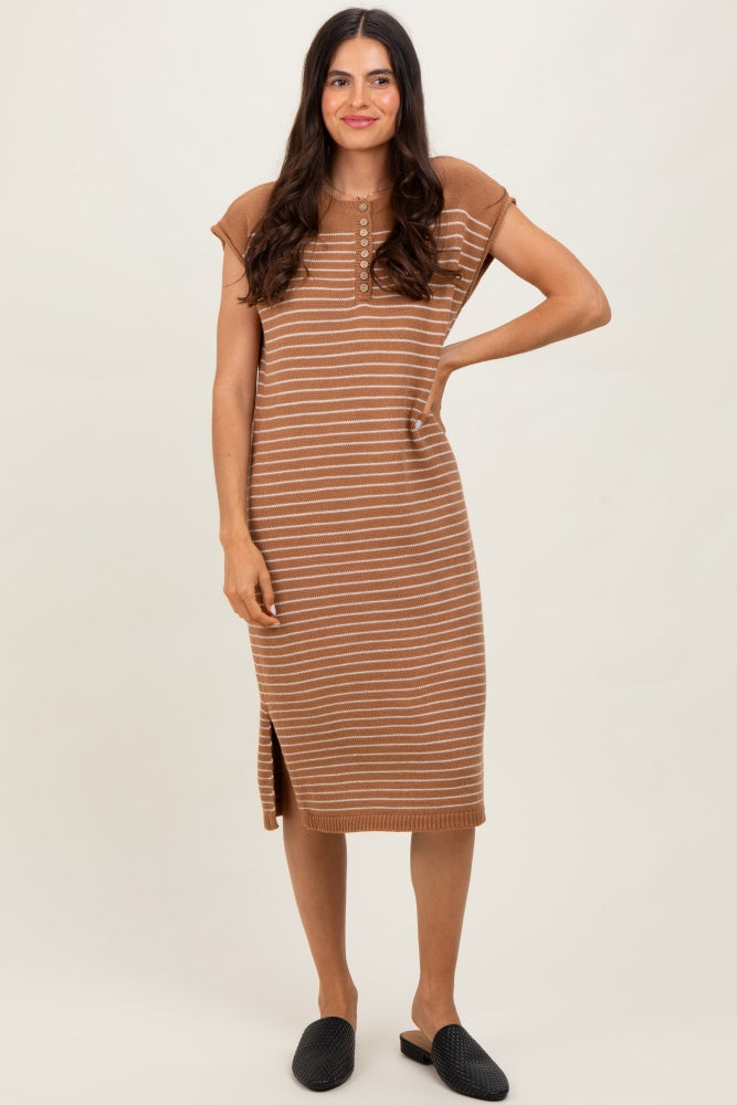 Mocha Striped Knit Button Detail Maternity Midi Dress