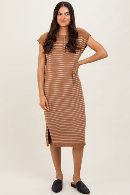 Mocha Striped Knit Button Detail Maternity Midi Dress