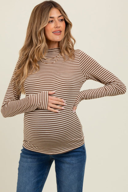 Mocha Striped High Neck Maternity Long Sleeve Top