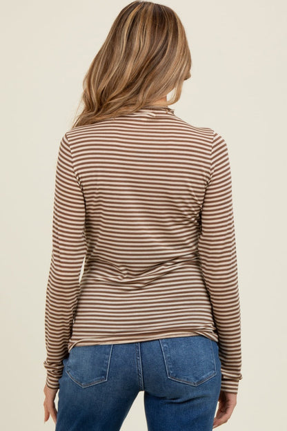 Mocha Striped High Neck Maternity Long Sleeve Top