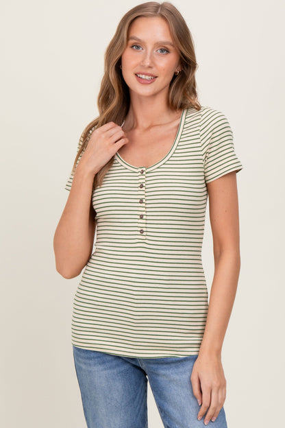 Green Striped Fitted Short Sleeve Maternity Top