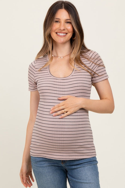 Mocha Ribbed Striped Short Sleeve Maternity Top