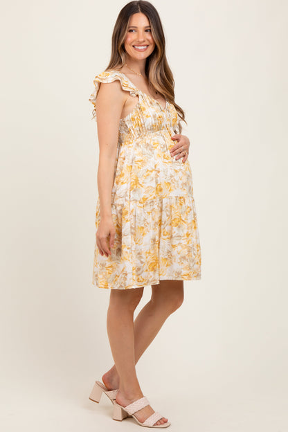 Yellow Floral Ruffle Sleeve Tiered Maternity Mini Dress