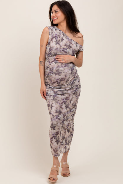 Purple Floral Ruched One Shoulder Maternity Midi Dress