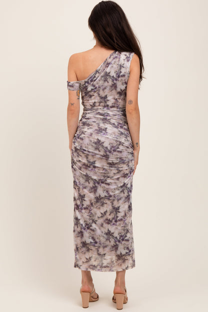 Purple Floral Ruched One Shoulder Maternity Midi Dress
